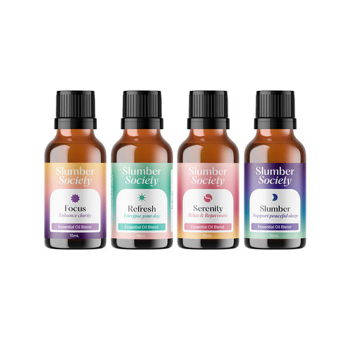 Slumber Society Ranges Slumber, Serenity, Refresh and Focus Essential Oils. 4 x 15ml Bottles.