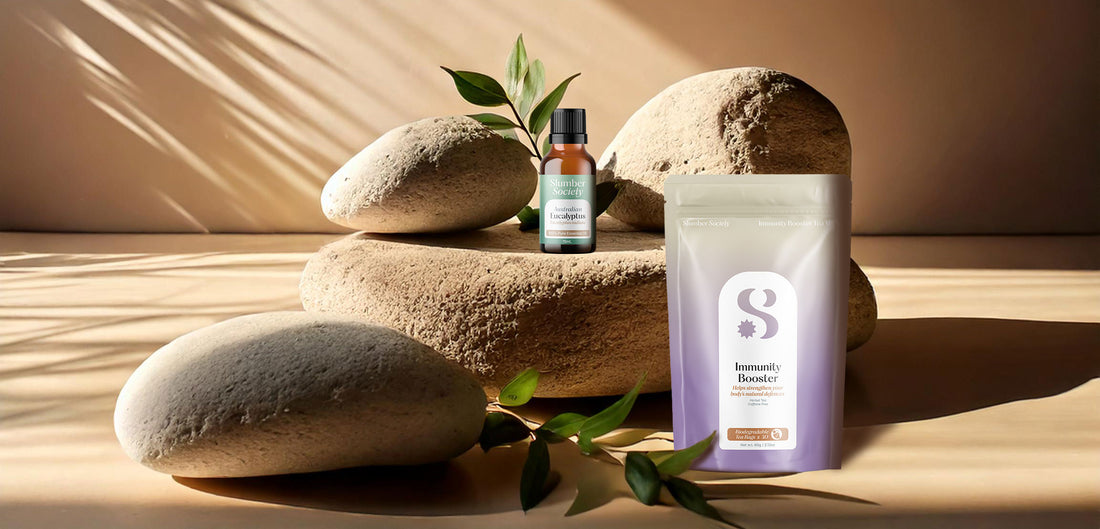 Theme image of Immunity Booster Herbal tea and Eucalyptus Essential oil on a boulder