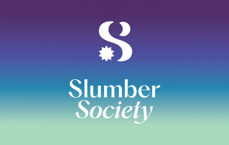 Slumber Range Gradient and white logo and name. Colours of gradient are greens and purples