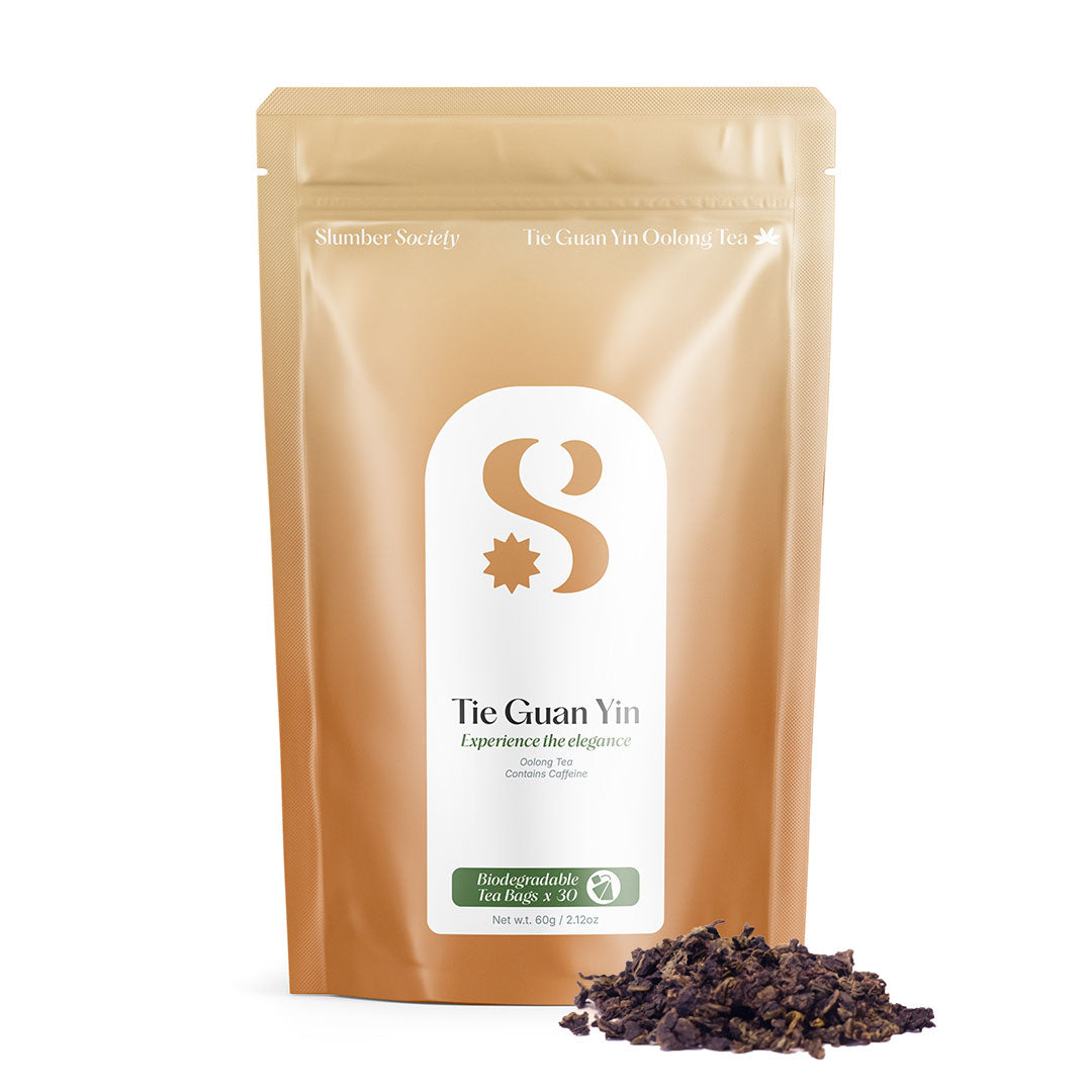 Slumber Society Oolong Tea Tie Guan Yin, Pouch with branding and Loose leaf tea in front of pouch.