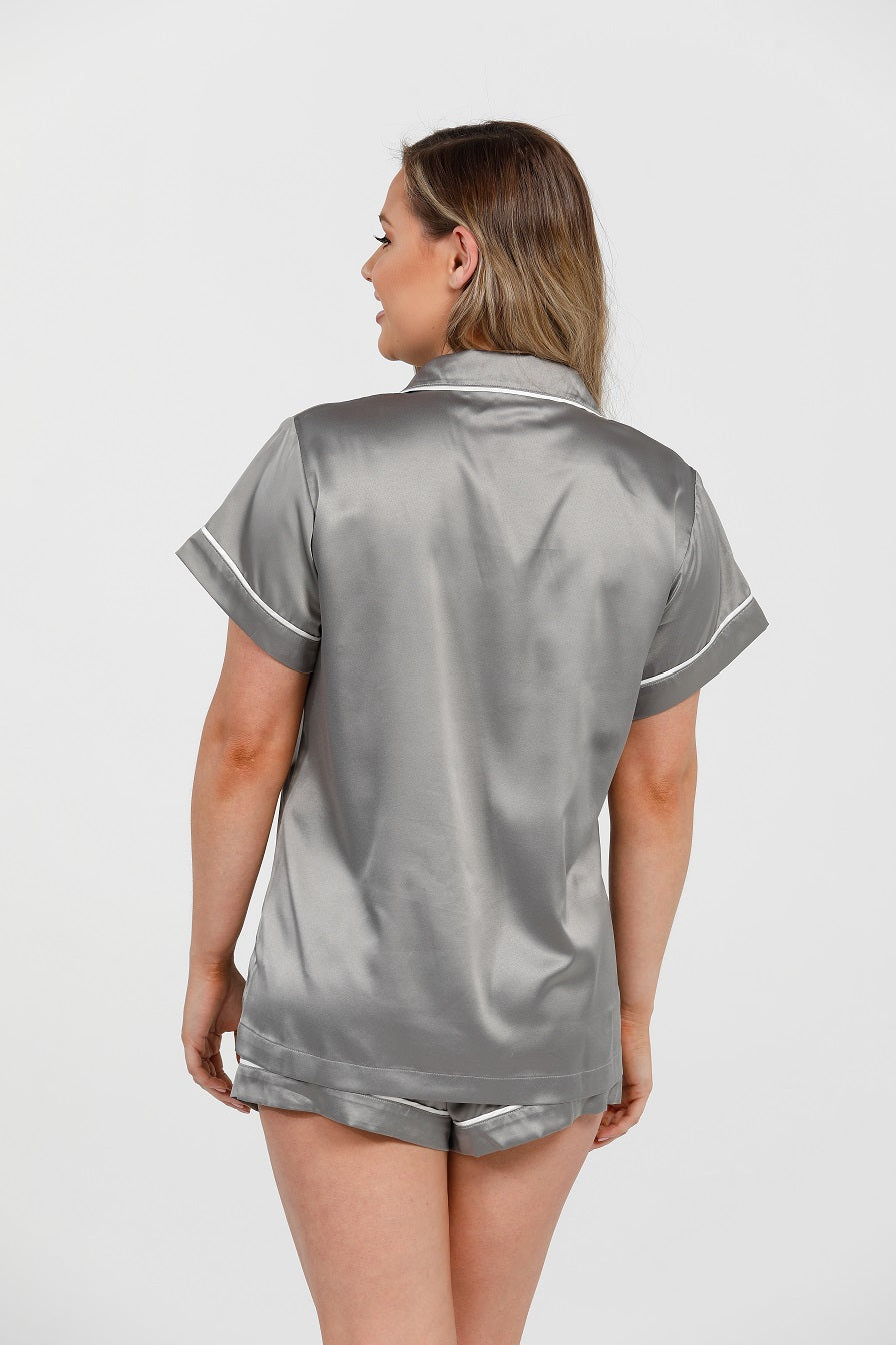 Womens Grey Satin Pyjamas - Short Sleeve Set