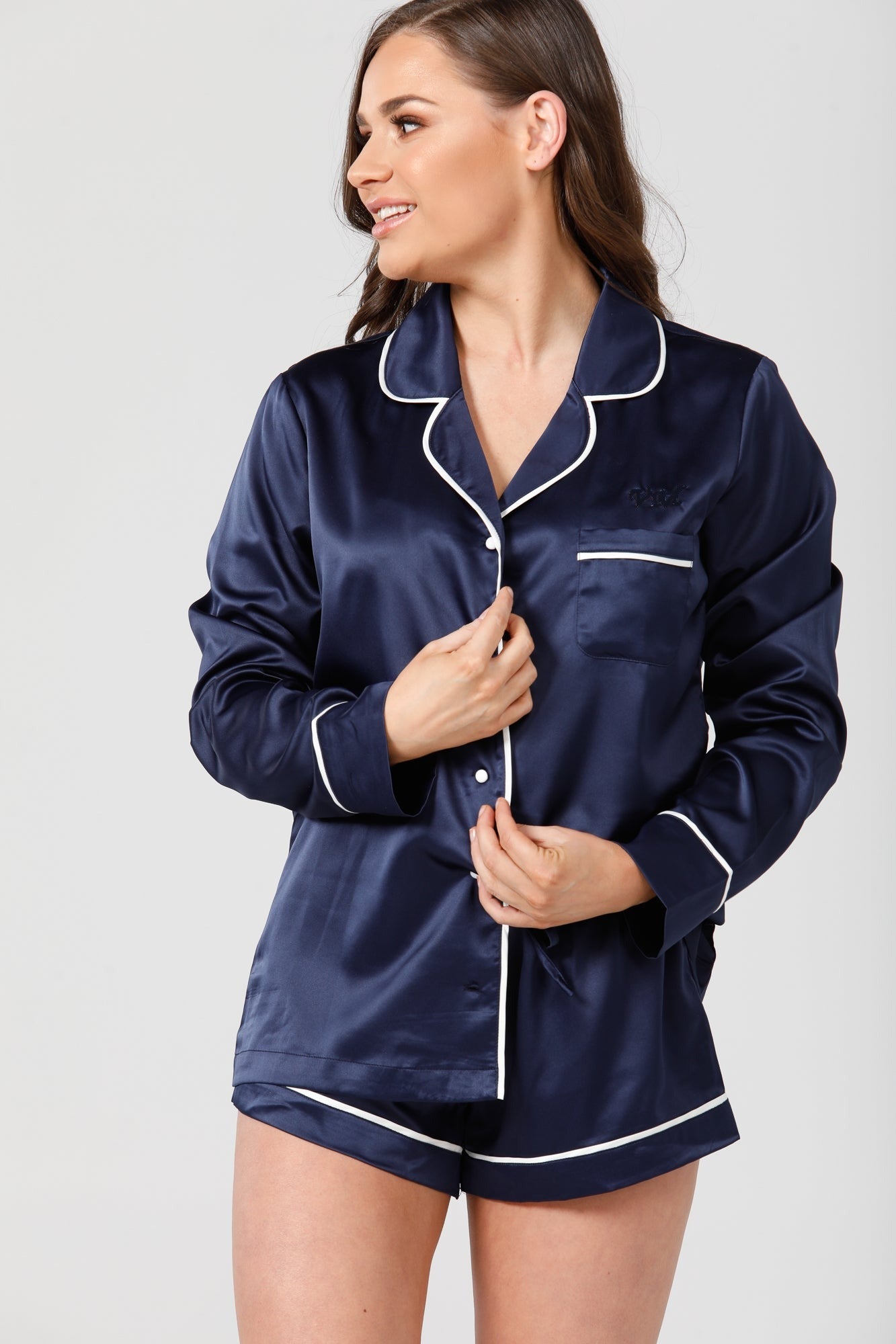 Womens Navy Satin Pyjamas - Long Sleeve & Shorts Set