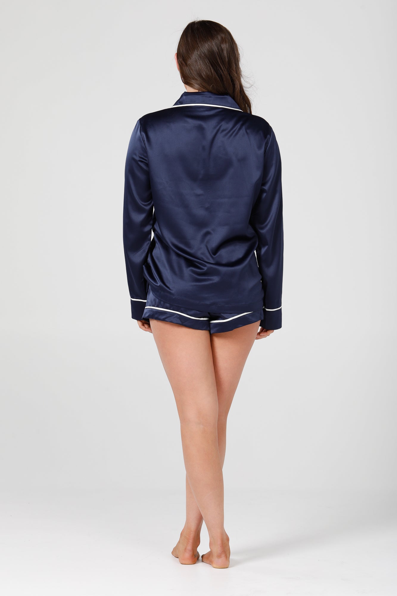 Womens Navy Satin Pyjamas - Long Sleeve & Shorts Set