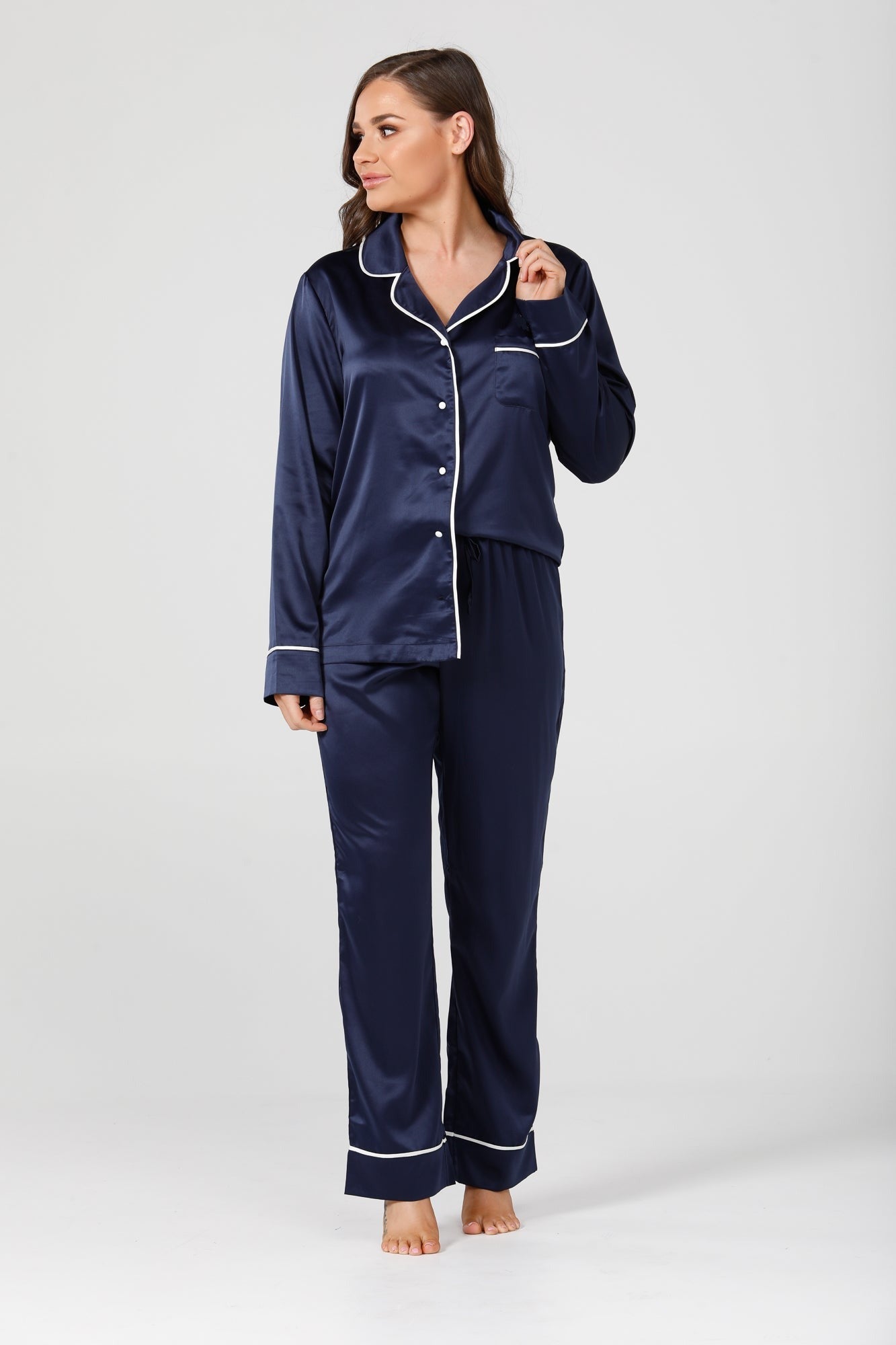 Womens Navy Satin Pyjamas Long Sleeve Set – Slumber Society