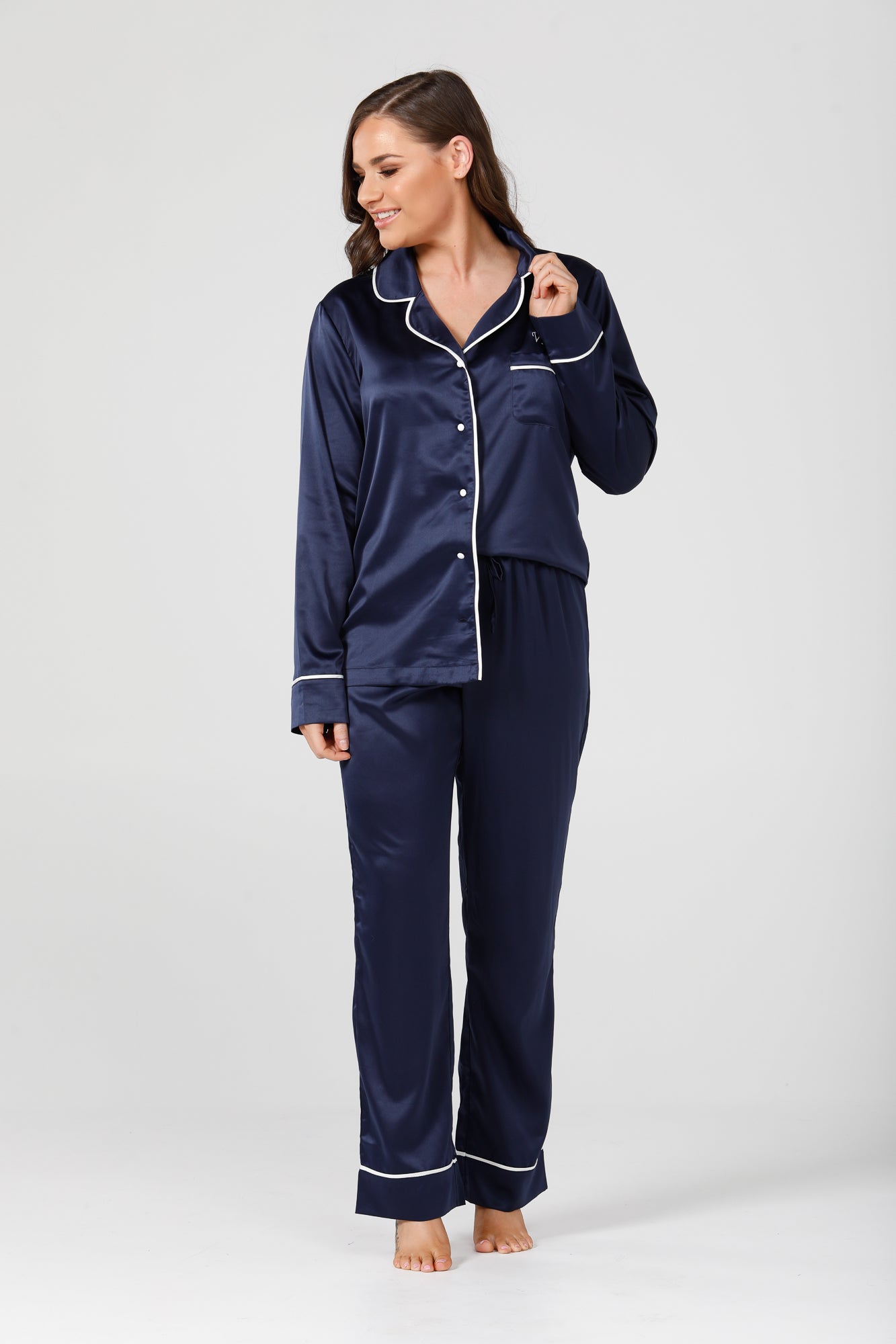 Womens Navy Satin Pyjamas - Long Sleeve Set