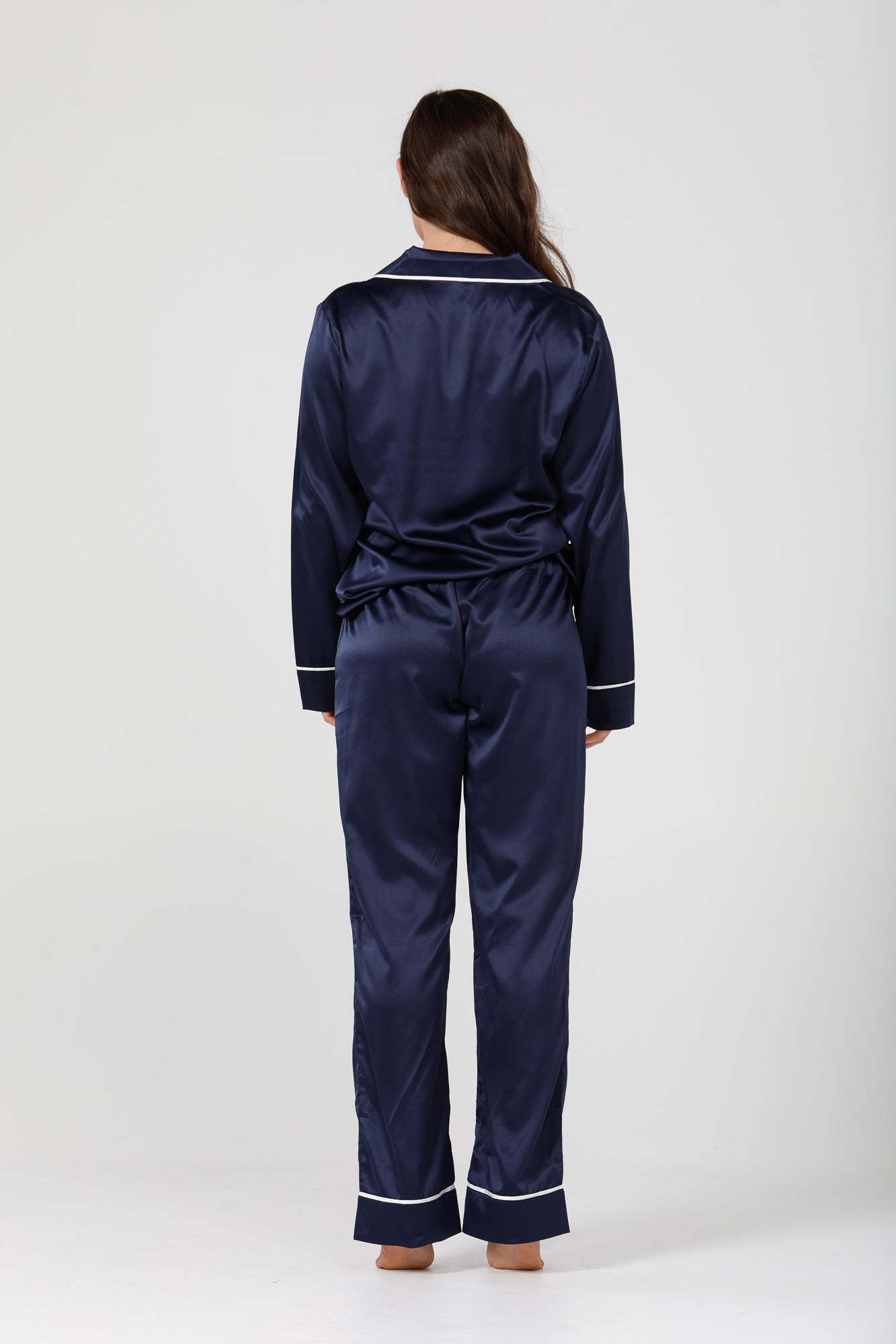 Womens Navy Satin Pyjamas - Long Sleeve Set