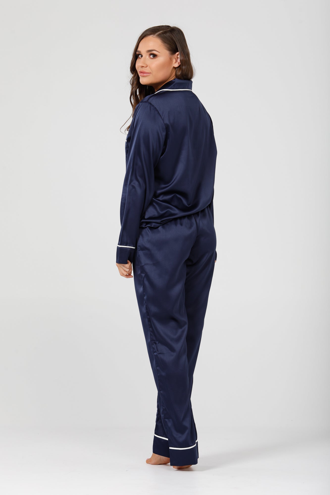 Womens Navy Satin Pyjamas - Long Sleeve Set